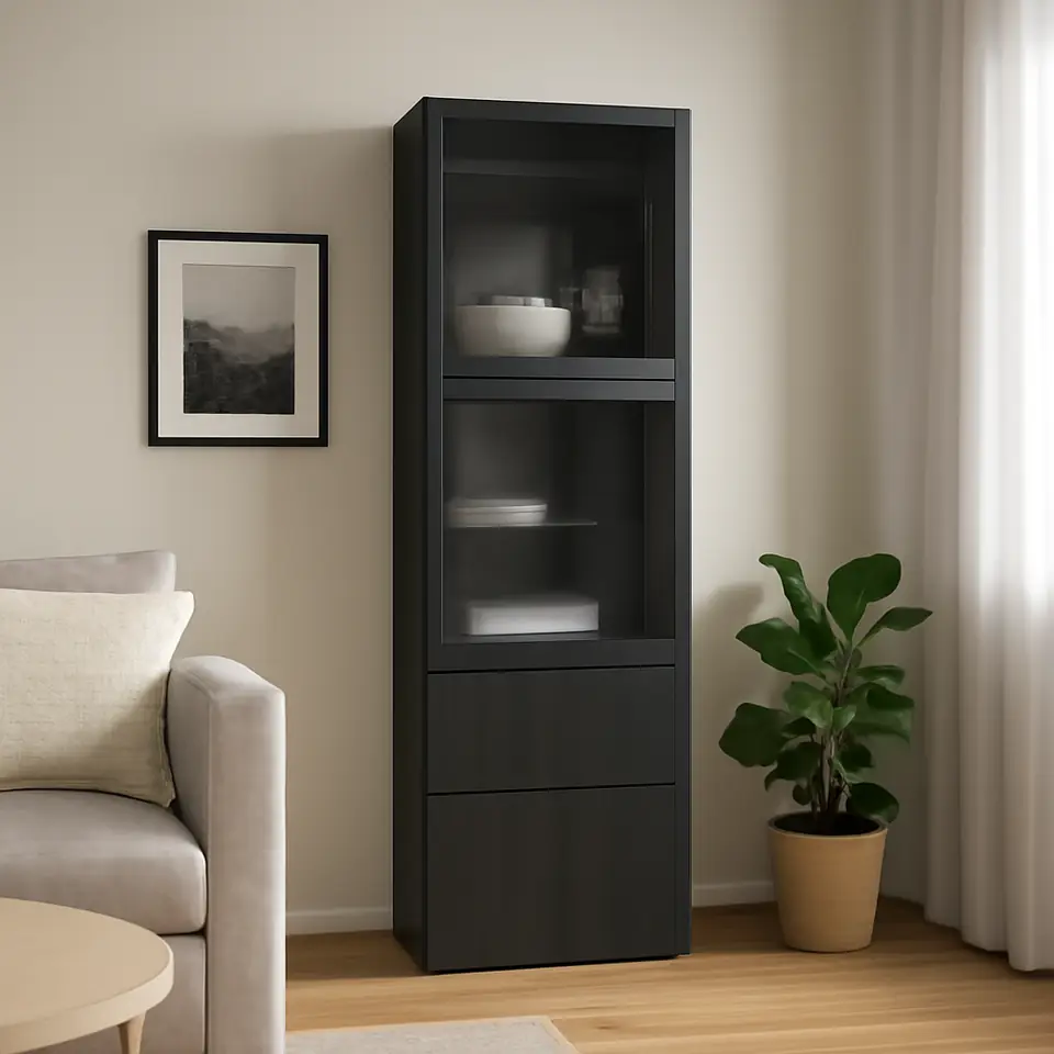 Møbelmontering BESTÅ Opbevaringsløsning med vitrinelåger, sortbrun/Lappviken sortbrunt klart glas, 60x42x193 cm | Professionel Møbelmontør
