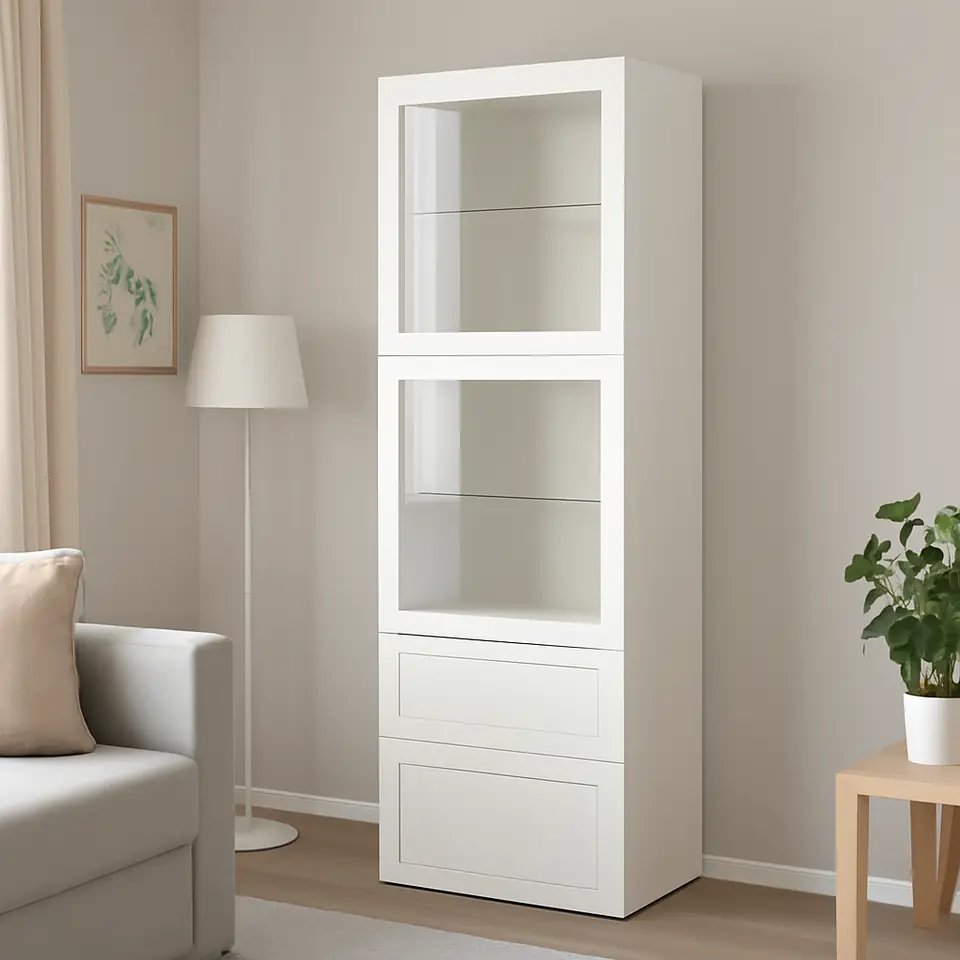 Møbelmontering BESTÅ Opbevaringsløsning med vitrinelåger, hvid/Hanviken hvidt klart glas, 60x42x193 cm | Samling af Møbler i Rødovre & Kbh