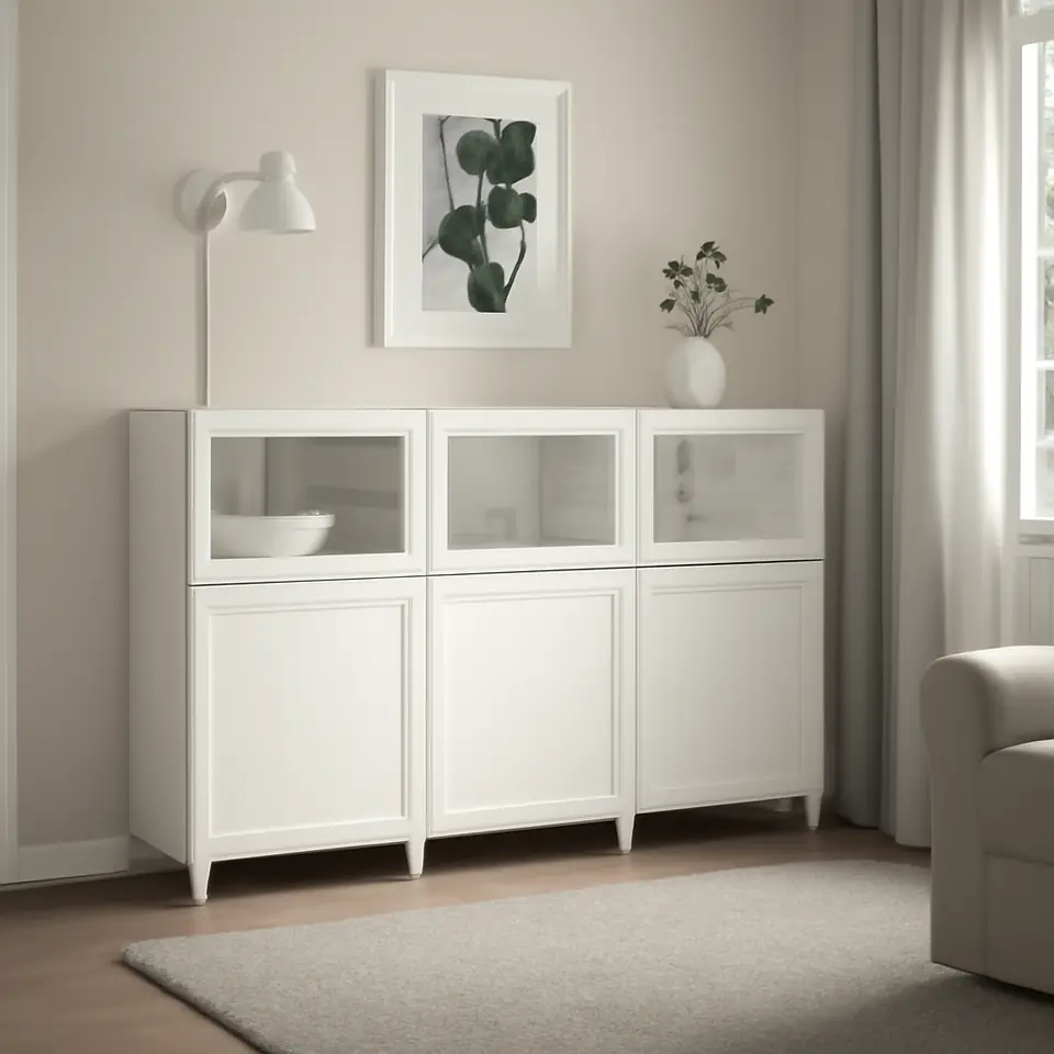 Møbelmontering BESTÅ Opbevaring med låger, hvid/Smeviken/Kabbarp hvidt klart glas, 180x42x112 cm | Samling af Møbler i Rødovre & Kbh