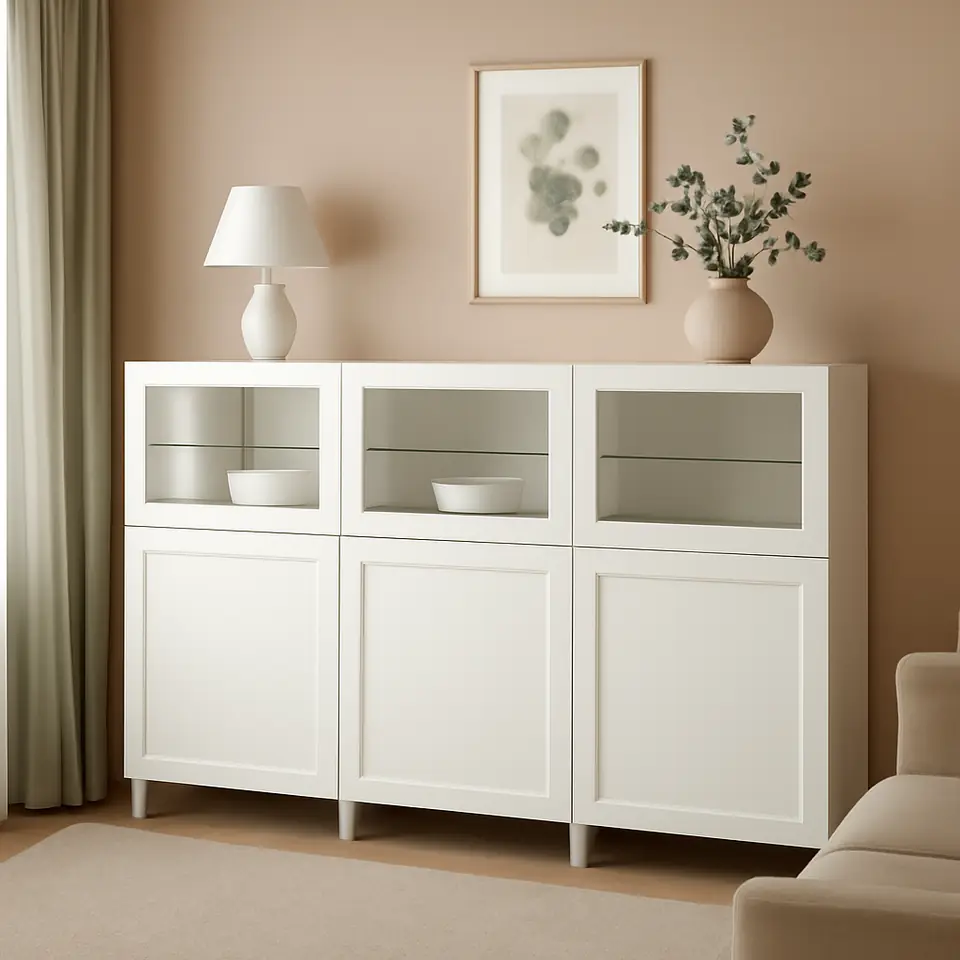 Møbelmontering BESTÅ Opbevaring med låger, hvid/Smeviken/Kabbarp hvidt klart glas, 180x42x112 cm | Professionel Møbelmontør