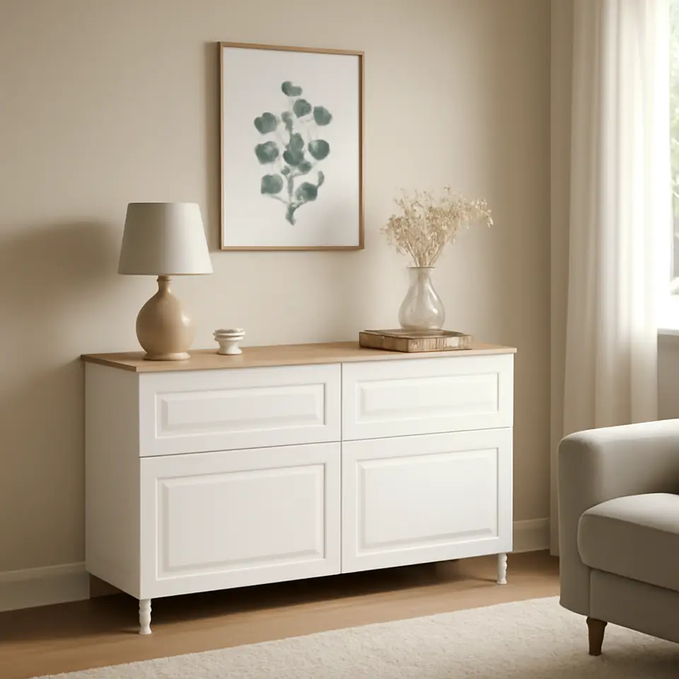 Møbelmontering BESTÅ Opbevaringskom låger/skuffer, hvid/Smeviken/Kabbarp hvid, 120x42x76 cm | Samling af Møbler i Rødovre & Kbh