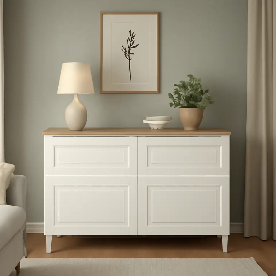 Møbelmontering BESTÅ Opbevaringskom låger/skuffer, hvid/Smeviken/Kabbarp hvid, 120x42x76 cm | Samling af Møbler i Rødovre & Kbh