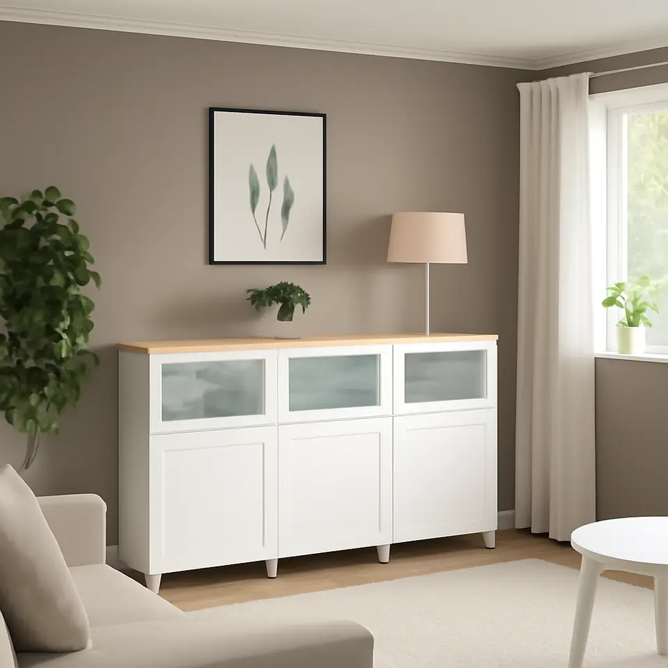 Møbelmontering BESTÅ Opbevaring med låger, hvid/Smeviken/Kabbarp hvidt klart glas, 180x42x114 cm | Billig & Hurtig i København