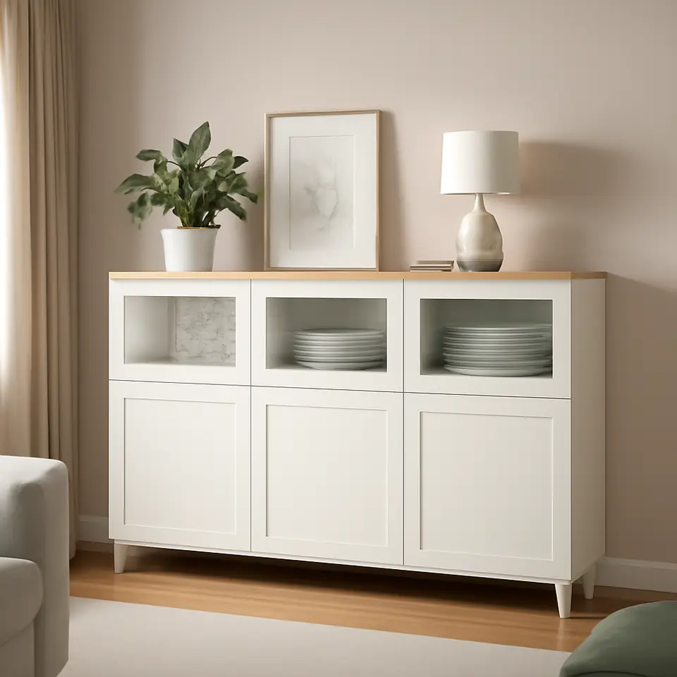 Møbelmontering BESTÅ Opbevaring med låger, hvid/Smeviken/Kabbarp hvidt klart glas, 180x42x114 cm | Professionel Møbelmontør