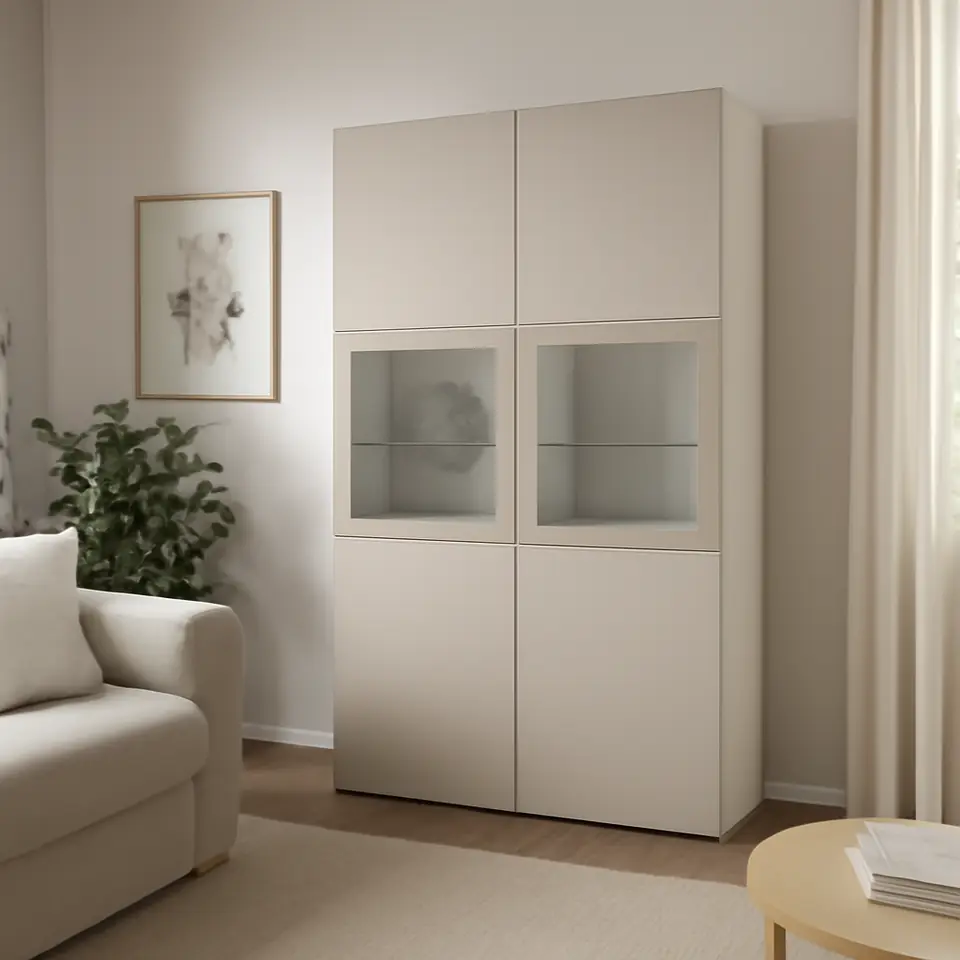 Møbelmontering BESTÅ Opbevaringsløsning med vitrinelåger, hvid Lappviken/lys gråbeige klart glas, 120x42x193 cm | Professionel Møbelmontør