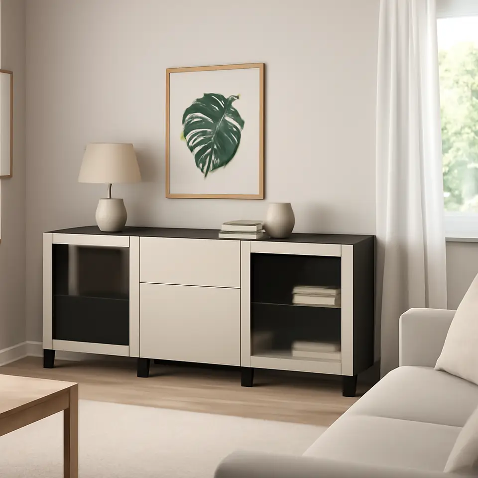 Møbelmontering BESTÅ Opbevaring med skuffer, sortbrun Lappviken/Stubbarp/lys gråbeige klart glas, 180x42x74 cm | Samling af Møbler i Rødovre & Kbh