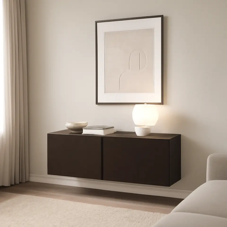 Møbelmontering BESTÅ Reol med døre, sortbrun Hedeviken/mørkebrun egetræsfiner med bejdse, 120x42x38 cm | Professionel Møbelmontør