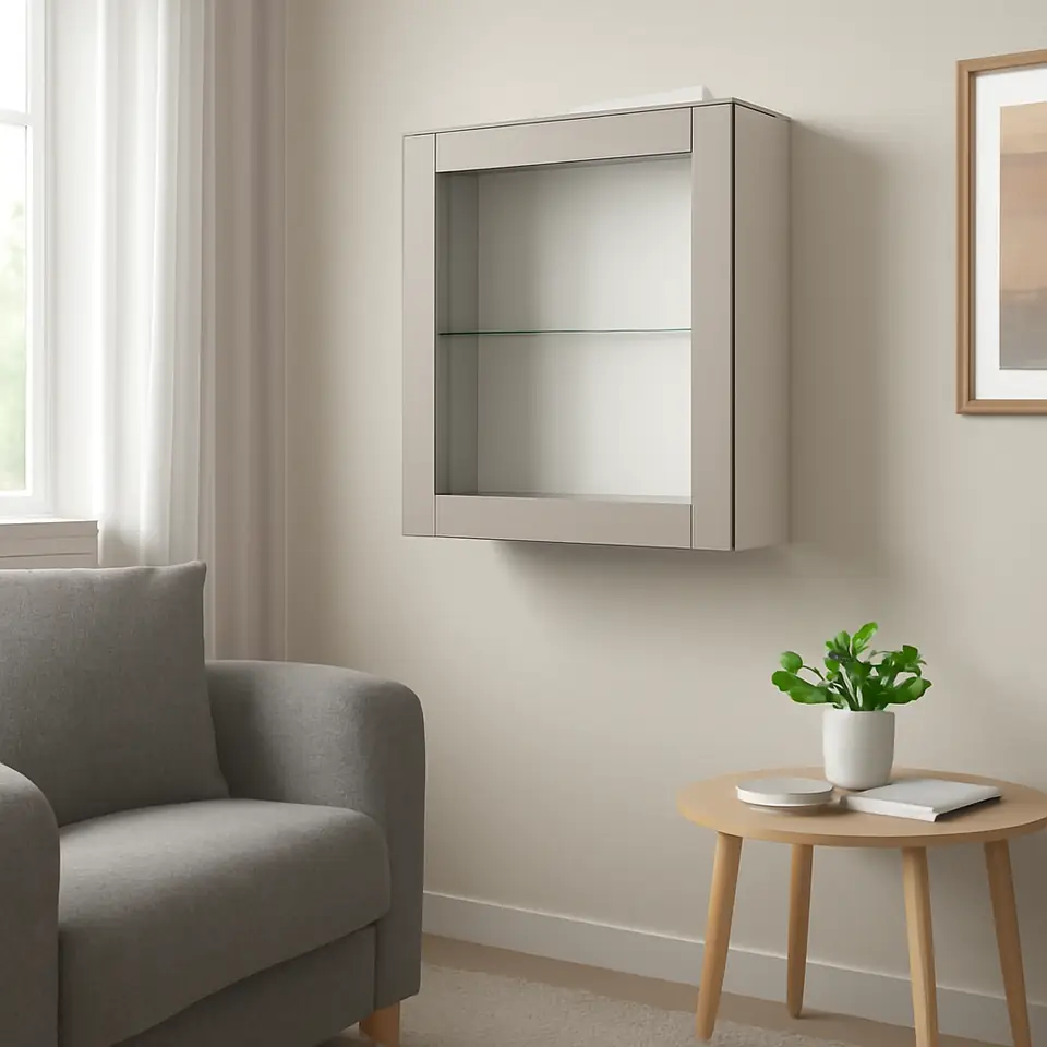 Møbelmontering BESTÅ Vægmonteret skabskombination, hvid/Sindvik lysegrå/beige, 60x22x64 cm | Professionel Møbelmontør