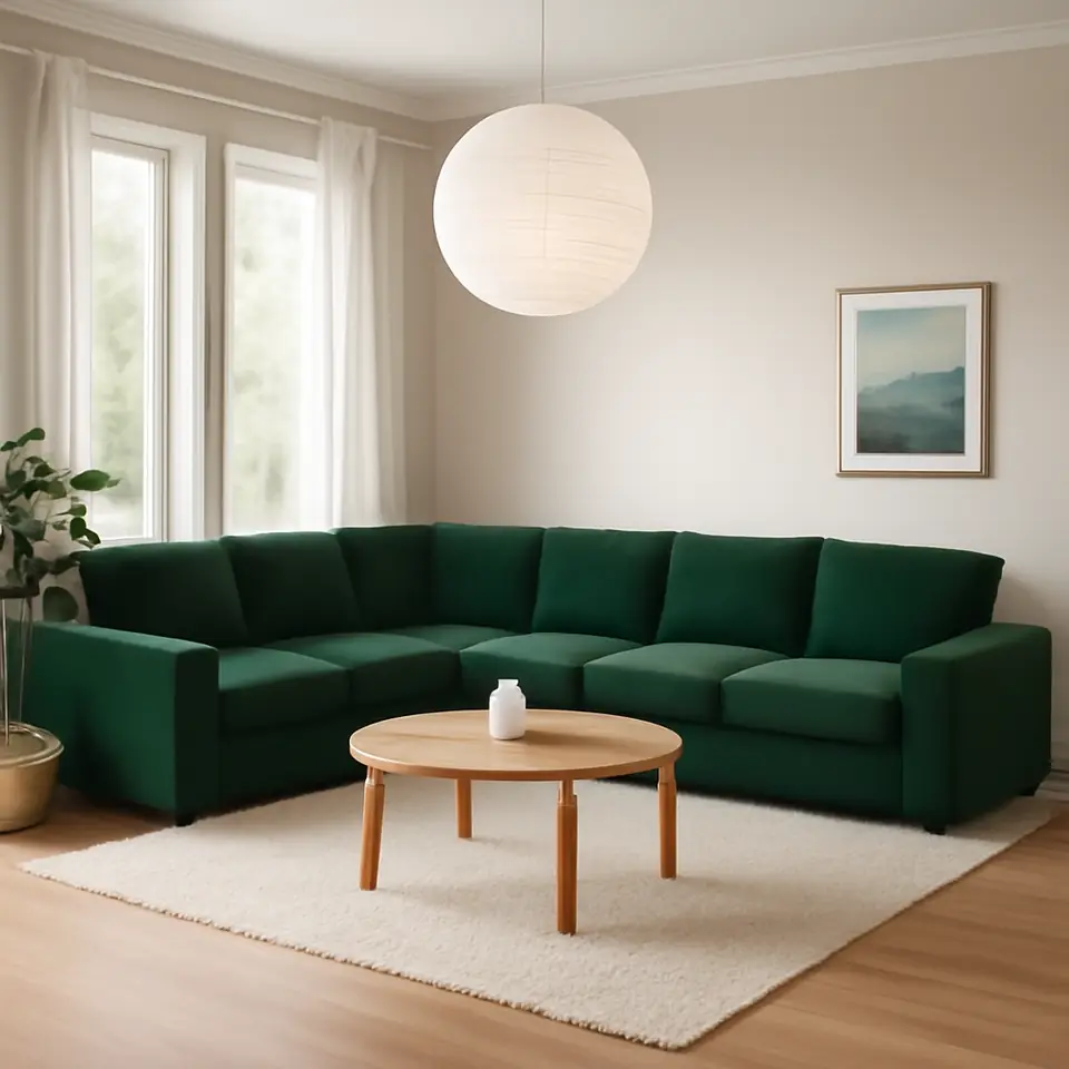 Møbelmontering VIMLE Hjørnesofa, 5-pers., med brede armlæn/Djuparp mørkegrøn | Professionel Møbelmontør