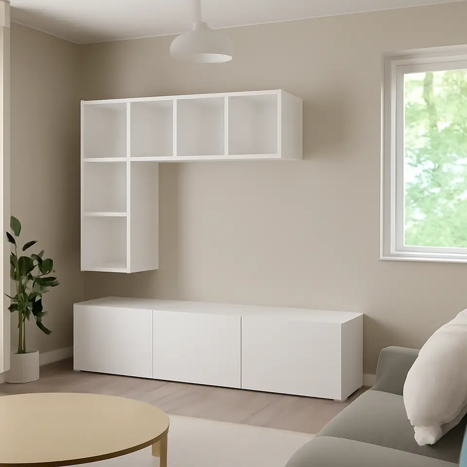 Møbelmontering BESTÅ / EKET Tv-møbel, kombination, hvid/Valviken, 180x42x185 cm | Billig & Hurtig i København