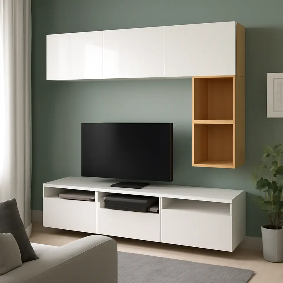Møbelmontering BESTÅ / EKET Tv-bord, hvid/Selsviken højglans/hvid, 180x42x166 cm | Få et tilbud i dag