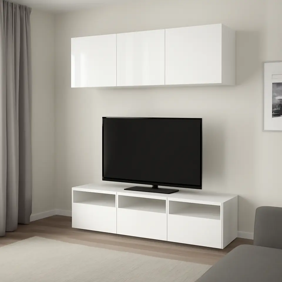 Møbelmontering BESTÅ Tv-bord, hvid/Selsviken højglans/hvid, 180x42x185 cm | Fast Pris i Storkøbenhavn