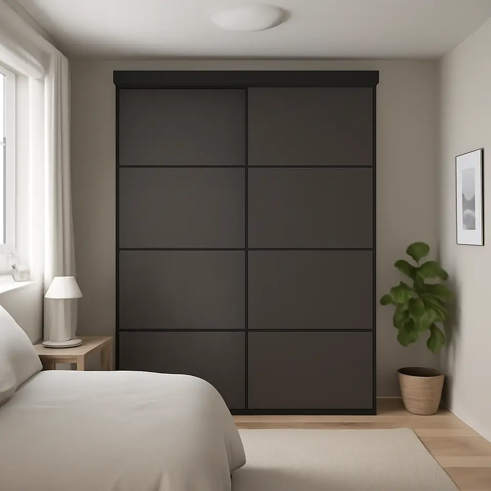 Møbelmontering SKYTTA / MEHAMN Skydedør, kombination, sort/dobbeltsidet mørkegrå, 177×240 cm | Billig & Hurtig i København