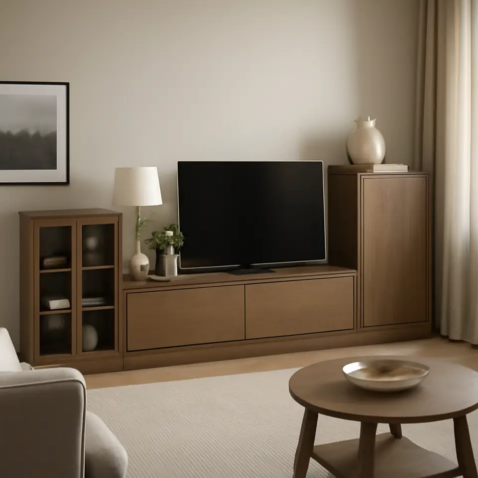 Møbelmontering TONSTAD Tv-/opbevaringsmøbel med skydedøre, brun egetræsfiner med bejdse/klart glas, 342x37x120 cm | Samling af Møbler i Rødovre & Kbh