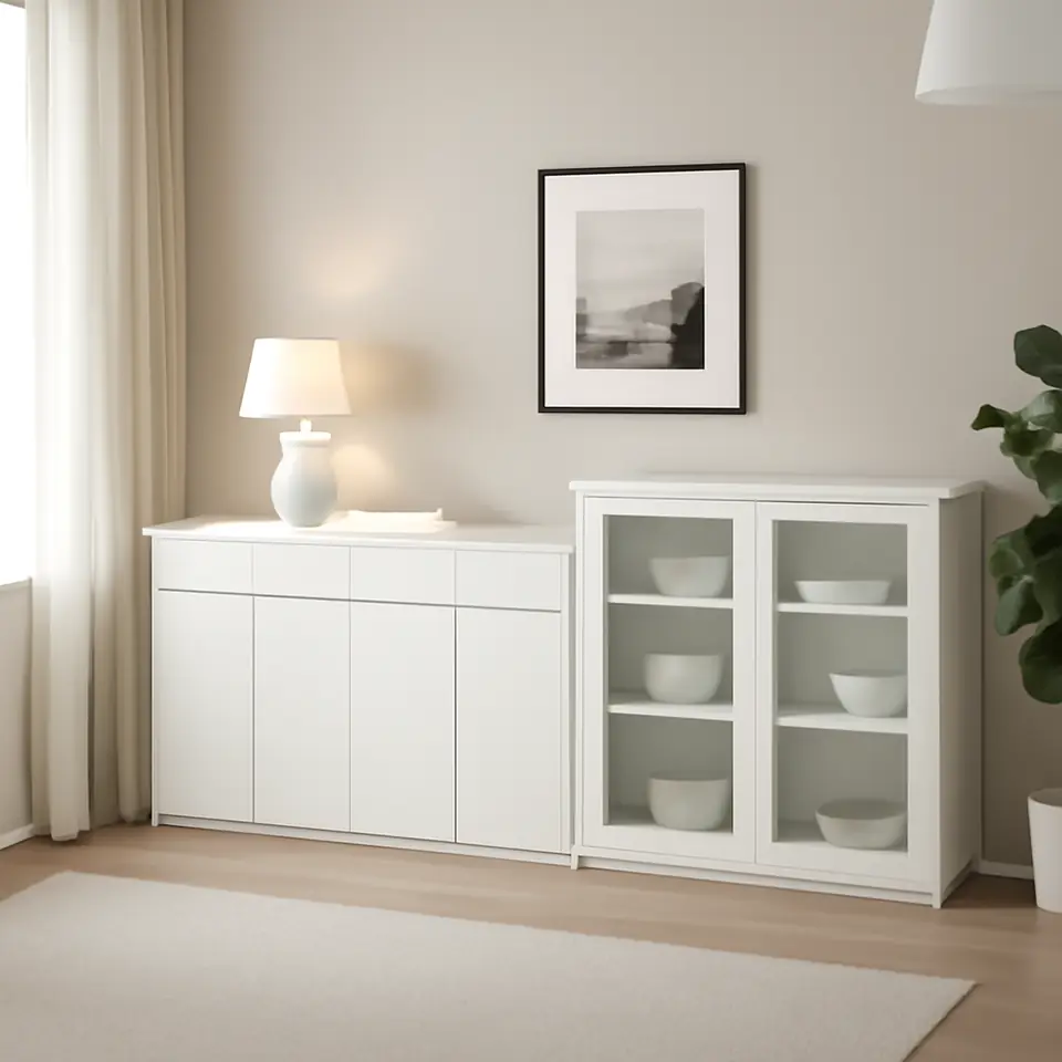 Møbelmontering VIHALS Opbevaringsløsning med vitrinelåger, hvid/klart glas, 235x37x90 cm | Professionel Møbelmontør