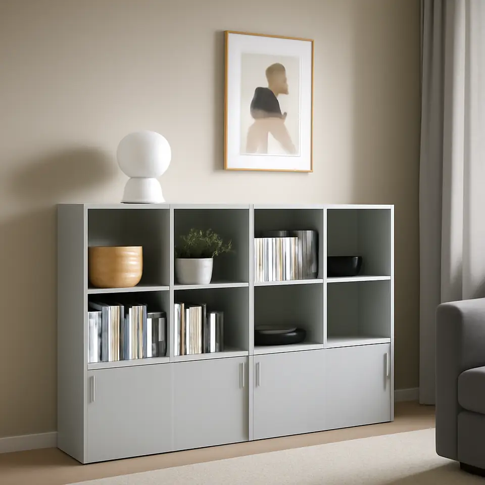 Møbelmontering SPIKSMED Opbevaringskombination, lysegrå, 155x32x96 cm | Professionel Møbelmontør