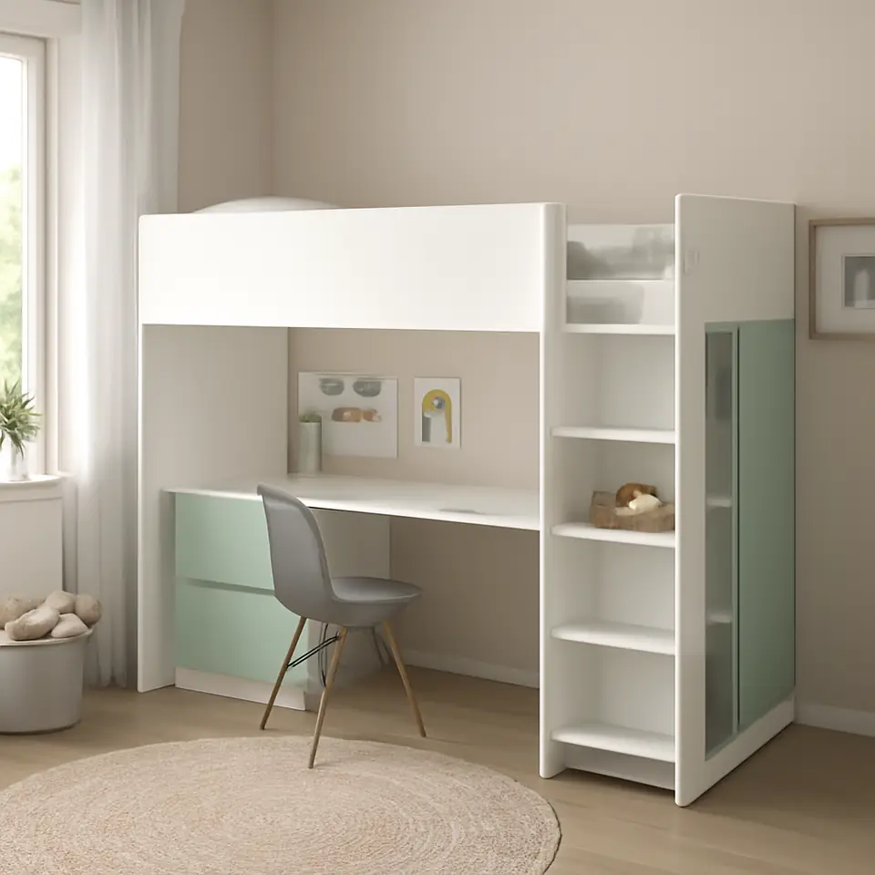 Møbelmontering SMÅSTAD Højseng, hvid lysegrøn/med skrivebord med 3 skuffer, 90×200 cm | Fast Pris i Storkøbenhavn