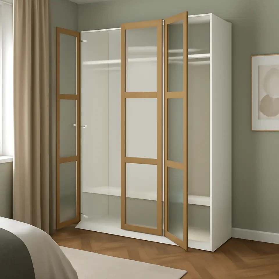 Møbelmontering PAX / TONSTAD Garderobekombination, hvid/egetræsfiner glas, 150x60x236 cm | Fast Pris i Storkøbenhavn