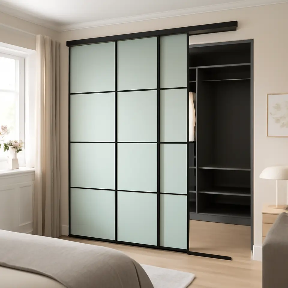 Møbelmontering SKYTTA / PAX Walk-in-closet med skydedøre, sort mørkegrå/Mehamn lysegrøn, 226x160x240 cm | Få et tilbud i dag