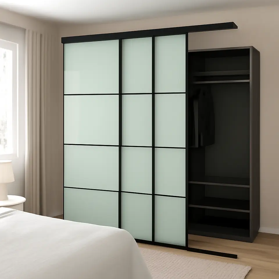 Møbelmontering SKYTTA / PAX Walk-in-closet med skydedøre, sort mørkegrå/Mehamn lysegrøn, 226x160x240 cm | Professionel Møbelmontør
