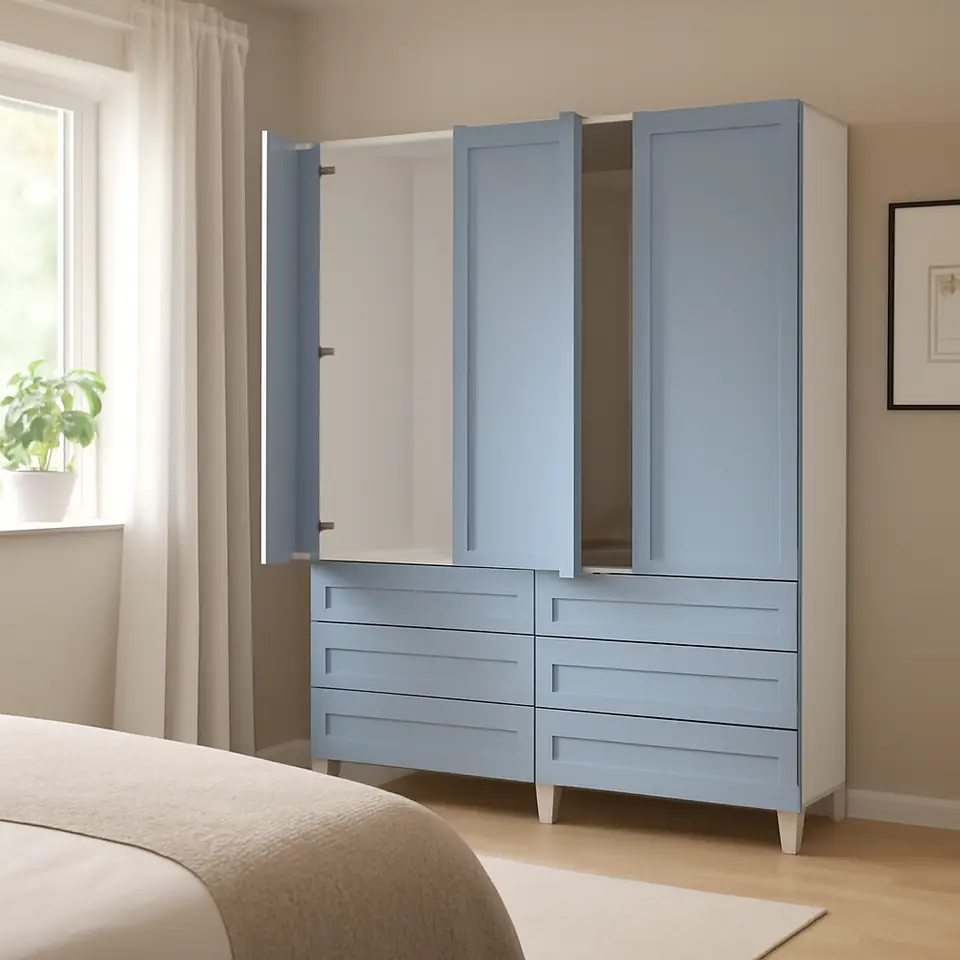 Møbelmontering PLATSA Garderobeskab med 4 døre+6 skuffer, hvid/Sannidal blå, 160x42x191 cm | Professionel Møbelmontør