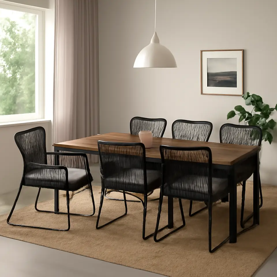 Møbelmontering VÄSMAN / TALLSKÄR Bord+6 stole med armlæn, ude, kan trækkes ud lysebrun med bejdse/antracit Kuddarna lys grå-beige, 135×190/74 cm | Få et tilbud i dag