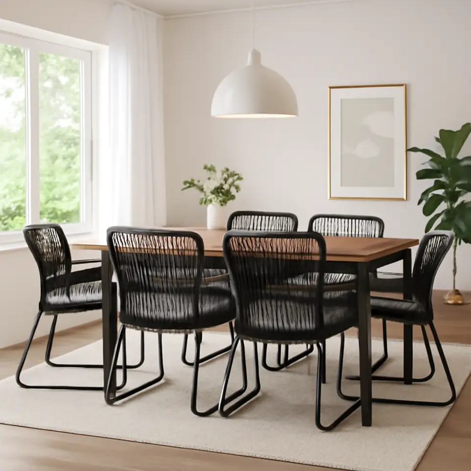 Møbelmontering VÄSMAN / TALLSKÄR Bord+6 stole med armlæn, ude, kan trækkes ud lysebrun med bejdse/antracit Kuddarna lys grå-beige, 135×190/74 cm | Samling af Møbler i Rødovre & Kbh