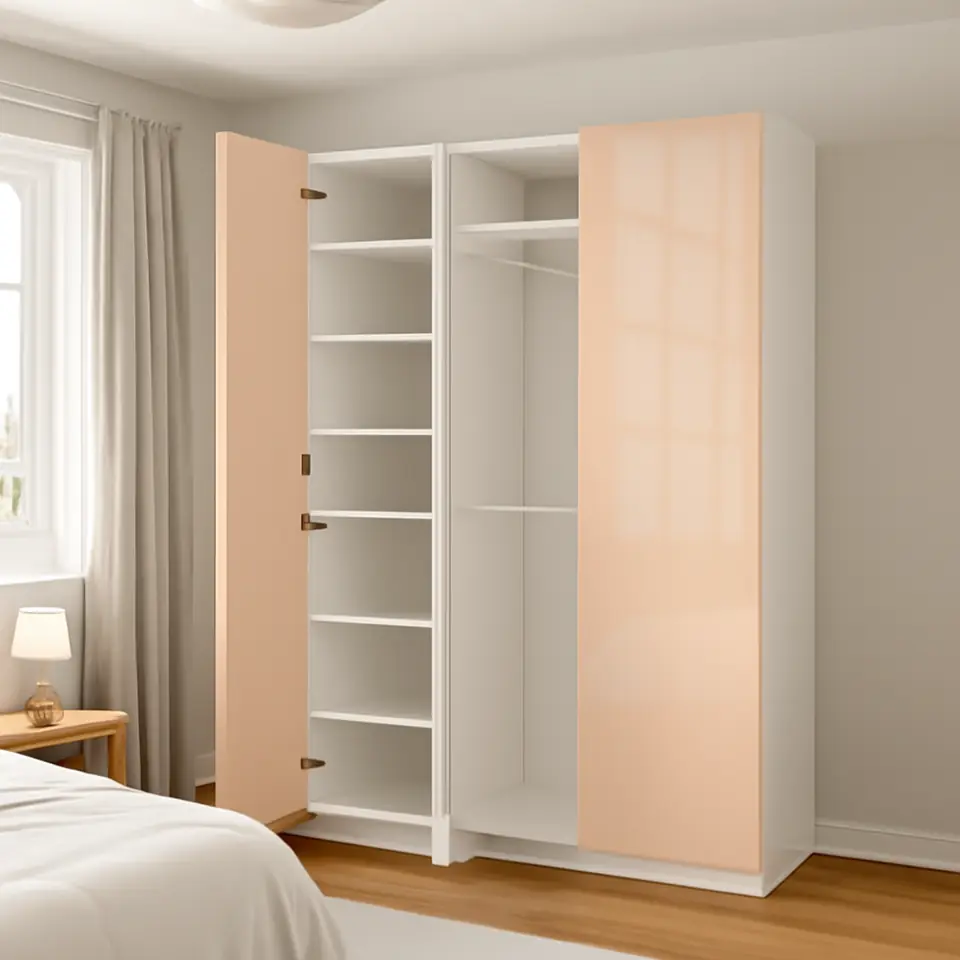 Møbelmontering PAX / FARDAL Garderobekombination, hvid/højglans lys orange, 150x60x236 cm | Professionel Møbelmontør