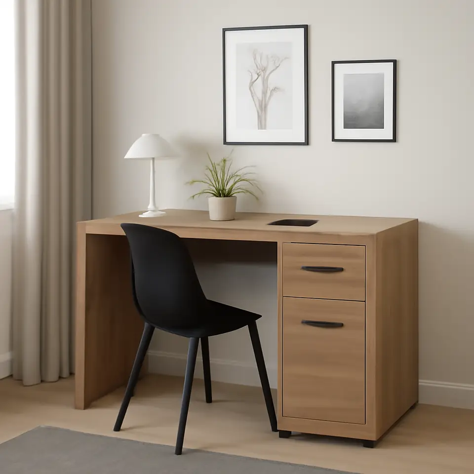 Møbelmontering Skrivebord LINTRUP 60×140 2 skuffer 1 hylde natur egefarve | Fast Pris i Storkøbenhavn