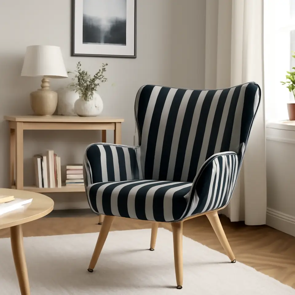 Møbelmontering Lænestol SIMESTED stribet sort/beige stof | Fast Pris i Storkøbenhavn