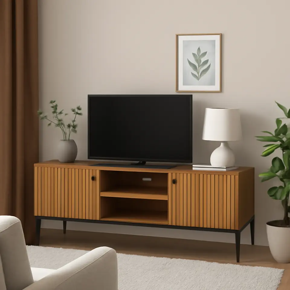 Møbelmontering TV-bord HEMDRUP 2 låger varm egefarve/sort | Fast Pris i Storkøbenhavn