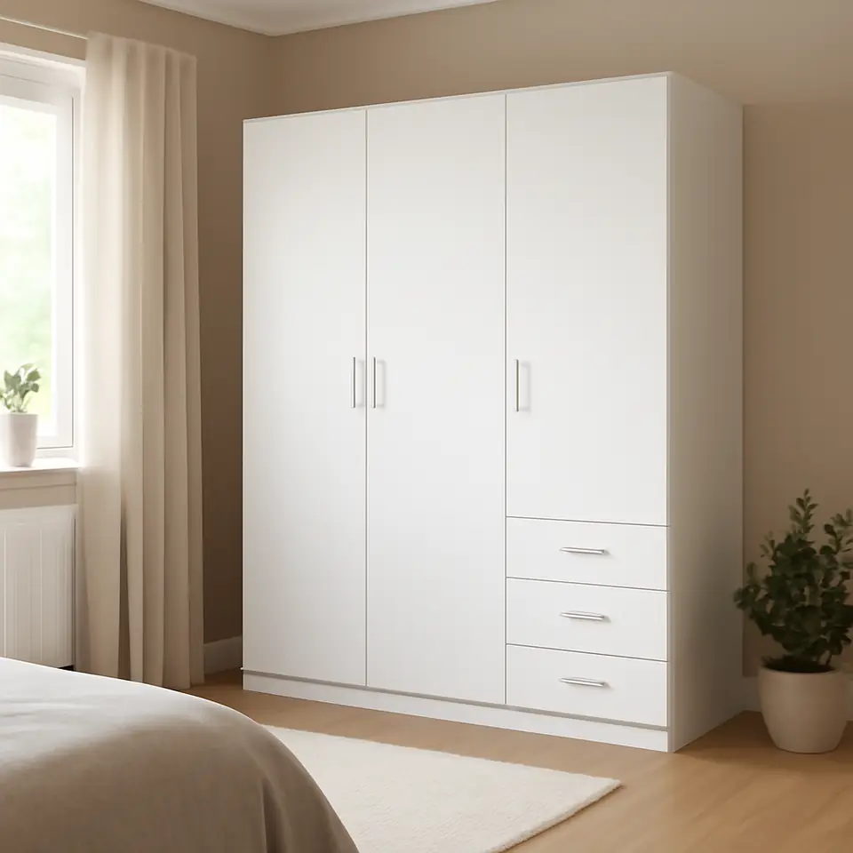 Møbelmontering Garderobeskab FANDRUP 145×176 3 låger 3 skuffer hvid | Professionel Møbelmontør
