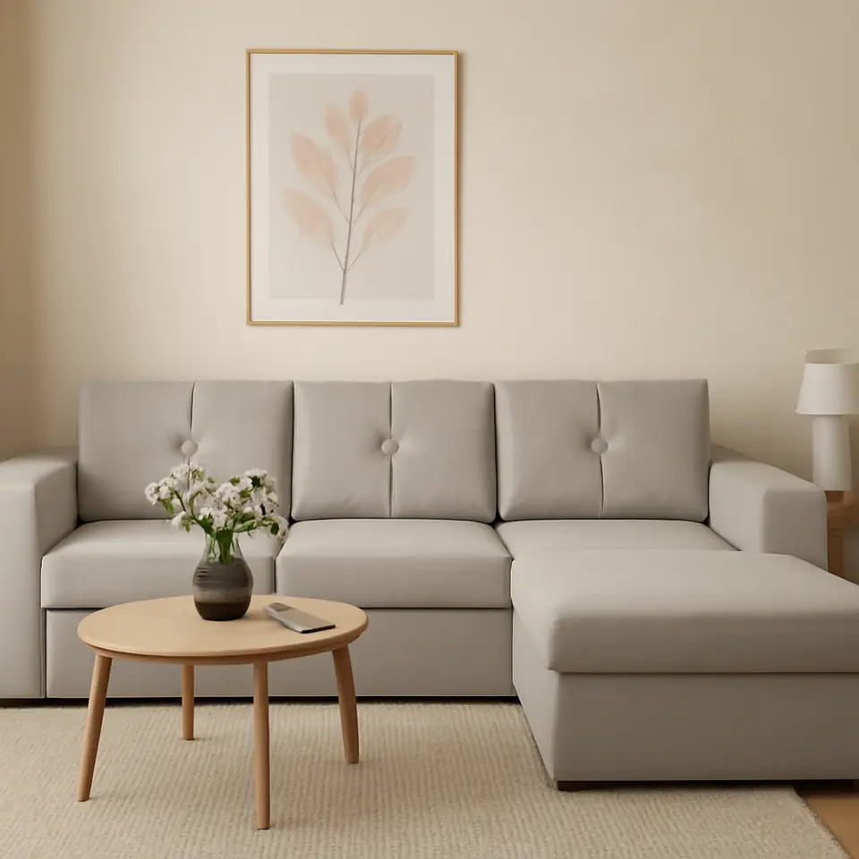 Møbelmontering Sovesofa chaiselong VEJLBY lyst sandfarvet stof | Professionel Møbelmontør