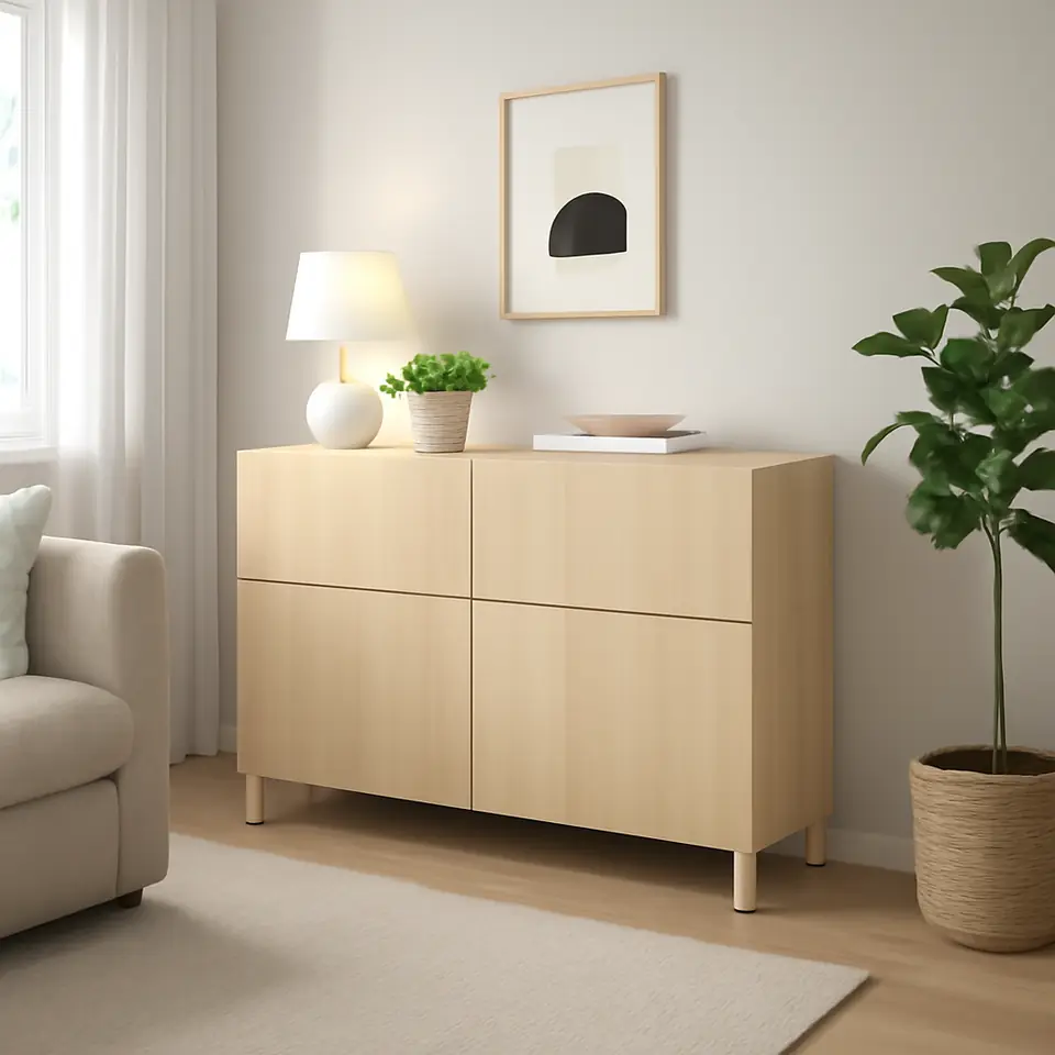 Møbelmontering BESTÅ Opbevaringskom låger/skuffer, egetræsmønster med hvid bejdse/Lappviken/Stubbarp egetræsmønster med hvid bejdse, 120x42x74 cm | Få et tilbud i dag