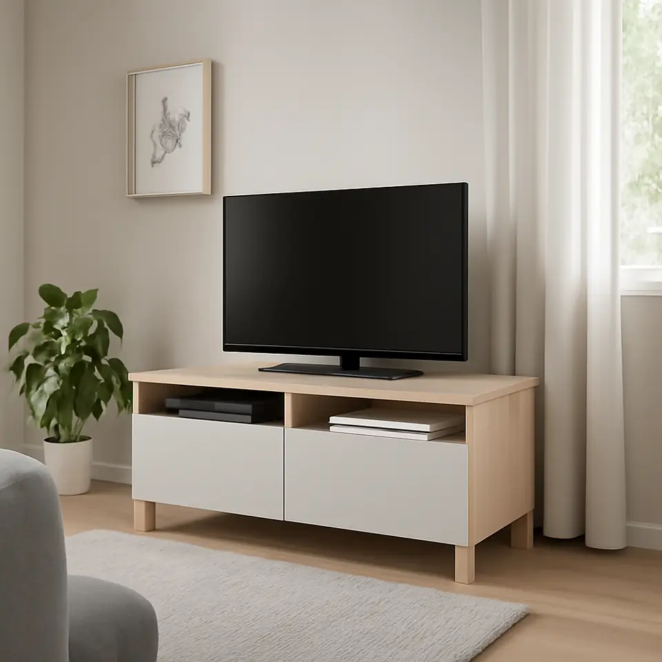 Møbelmontering BESTÅ Tv-bord med skuffer, egetræsmønster med hvid bejdse/Lappviken/Stubbarp lysegrå, 120x42x48 cm | Få et tilbud i dag