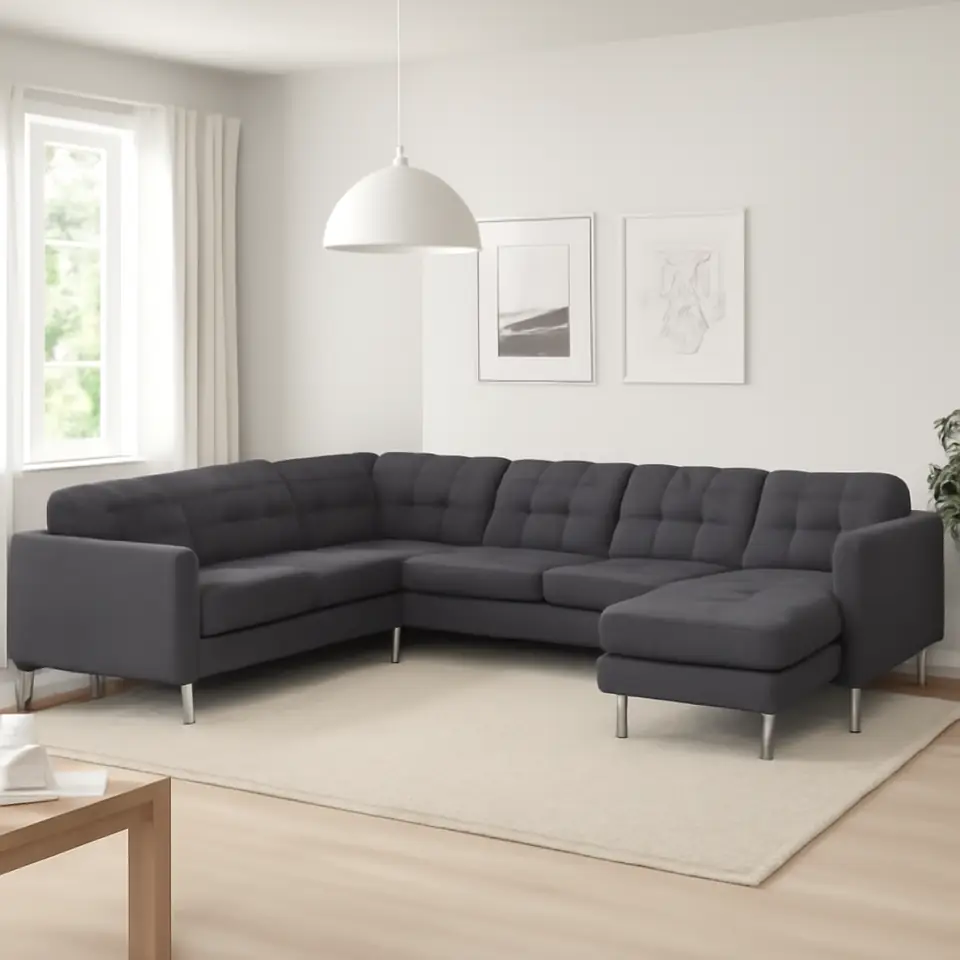 Møbelmontering LANDSKRONA Hjørnesofa, 6-pers., med chaiselong/Gunnared mørkegrå/forkromet | Professionel Møbelmontør