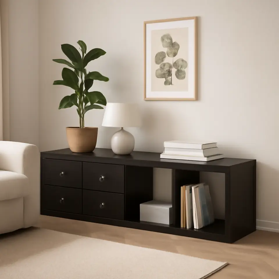 Møbelmontering KALLAX Reol med 2 indsatser, med 4 skuffer/sortbrun, 147×42 cm | Professionel Møbelmontør