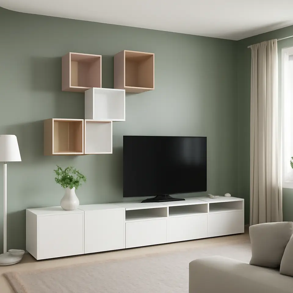 Møbelmontering BESTÅ / EKET Skabskombination til tv, hvid/egetræsmønster med hvid bejdse, 300x42x210 cm | Samling af Møbler i Rødovre & Kbh
