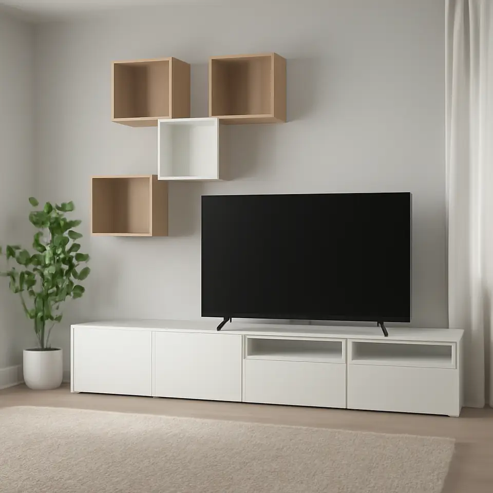 Møbelmontering BESTÅ / EKET Skabskombination til tv, hvid/egetræsmønster med hvid bejdse, 300x42x210 cm | Få et tilbud i dag