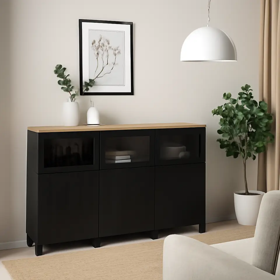 Møbelmontering BESTÅ Opbevaring med låger, Lappviken/Stubbarp/Sindvik sortbrunt klart glas, 180x42x114 cm | Billig & Hurtig i København