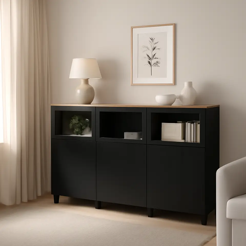 Møbelmontering BESTÅ Opbevaring med låger, Lappviken/Stubbarp/Sindvik sortbrunt klart glas, 180x42x114 cm | Samling af Møbler i Rødovre & Kbh