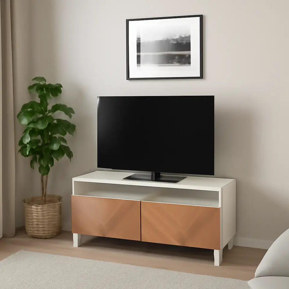 Møbelmontering BESTÅ Tv-bord med skuffer, hvid/Hedeviken/Stubbarp egetræsfiner, 120x42x48 cm | Billig & Hurtig i København