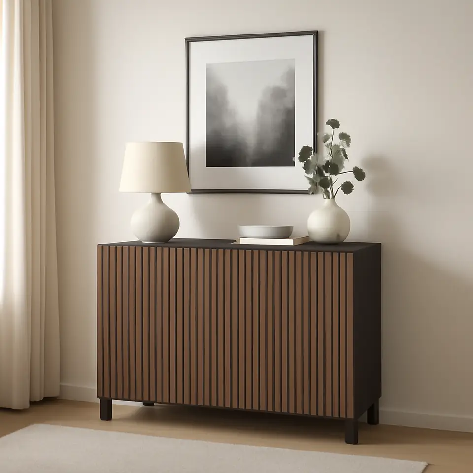 Møbelmontering BESTÅ Opbevaring med låger, sortbrun Björköviken/Stubbarp/brun egetræsfiner med bejdse, 120x42x74 cm | Professionel Møbelmontør