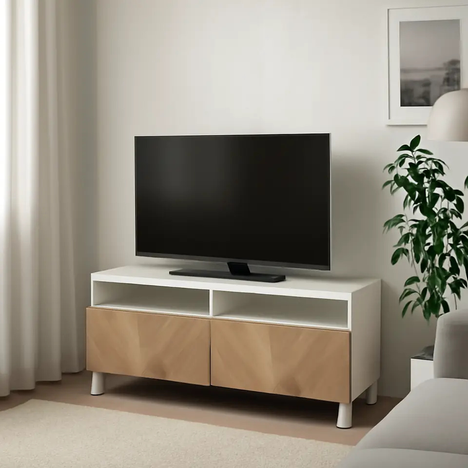 Møbelmontering BESTÅ Tv-bord med skuffer, hvid/Hedeviken/Stubbarp egetræsfiner, 120x42x48 cm | Fast Pris i Storkøbenhavn