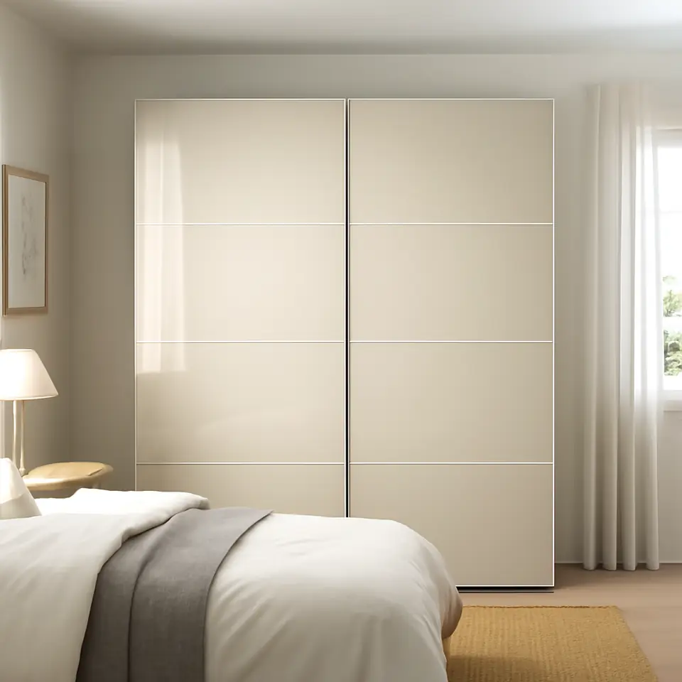 Møbelmontering HOKKSUND Skydedørspar, højglans lys beige, 200×201 cm | Samling af Møbler i Rødovre & Kbh