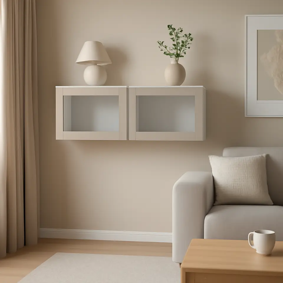 Møbelmontering BESTÅ Vægmonteret skabskombination, hvid/Sindvik lys gråbeige, 120x42x38 cm | Professionel Møbelmontør