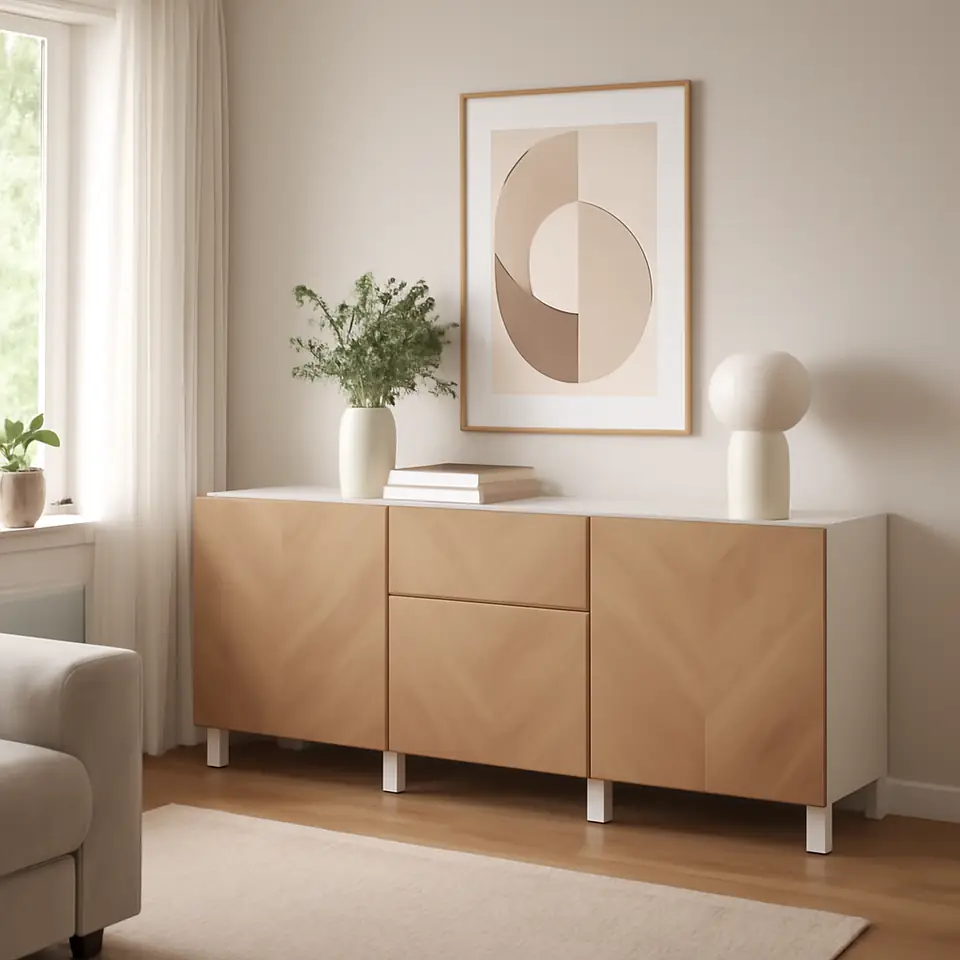 Møbelmontering BESTÅ Opbevaring med skuffer, hvid/Hedeviken/Stubbarp egetræsfiner, 180x42x74 cm | Fast Pris i Storkøbenhavn