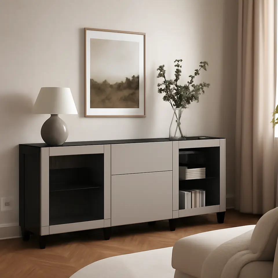 Møbelmontering BESTÅ Opbevaring med skuffer, sortbrun Lappviken/Stubbarp/lys gråbeige klart glas, 180x42x74 cm | Billig & Hurtig i København