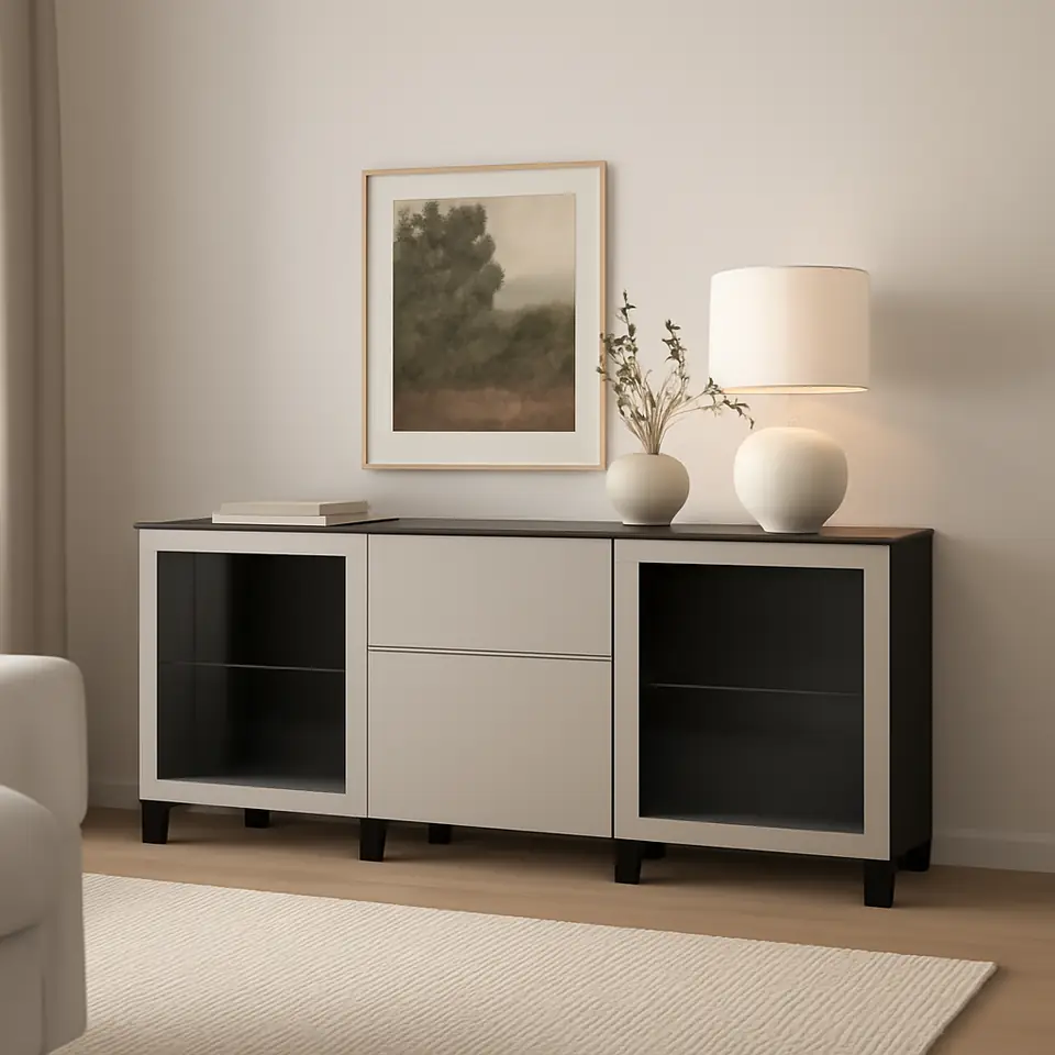 Møbelmontering BESTÅ Opbevaring med skuffer, sortbrun Lappviken/Stubbarp/lys gråbeige klart glas, 180x42x74 cm | Billig & Hurtig i København