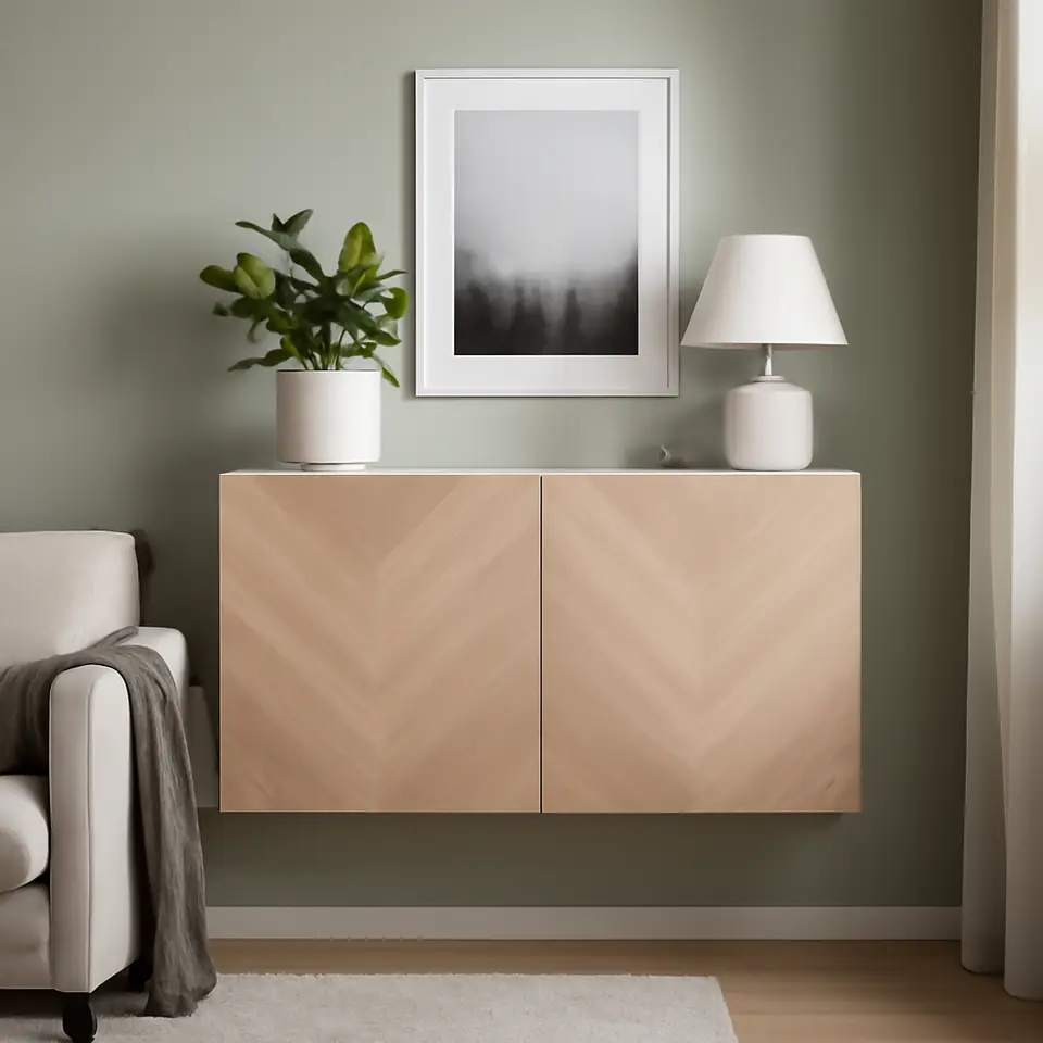 Møbelmontering BESTÅ Vægmonteret skabskombination, hvid Hedeviken/egetræsfiner, 120x42x64 cm | Billig & Hurtig i København